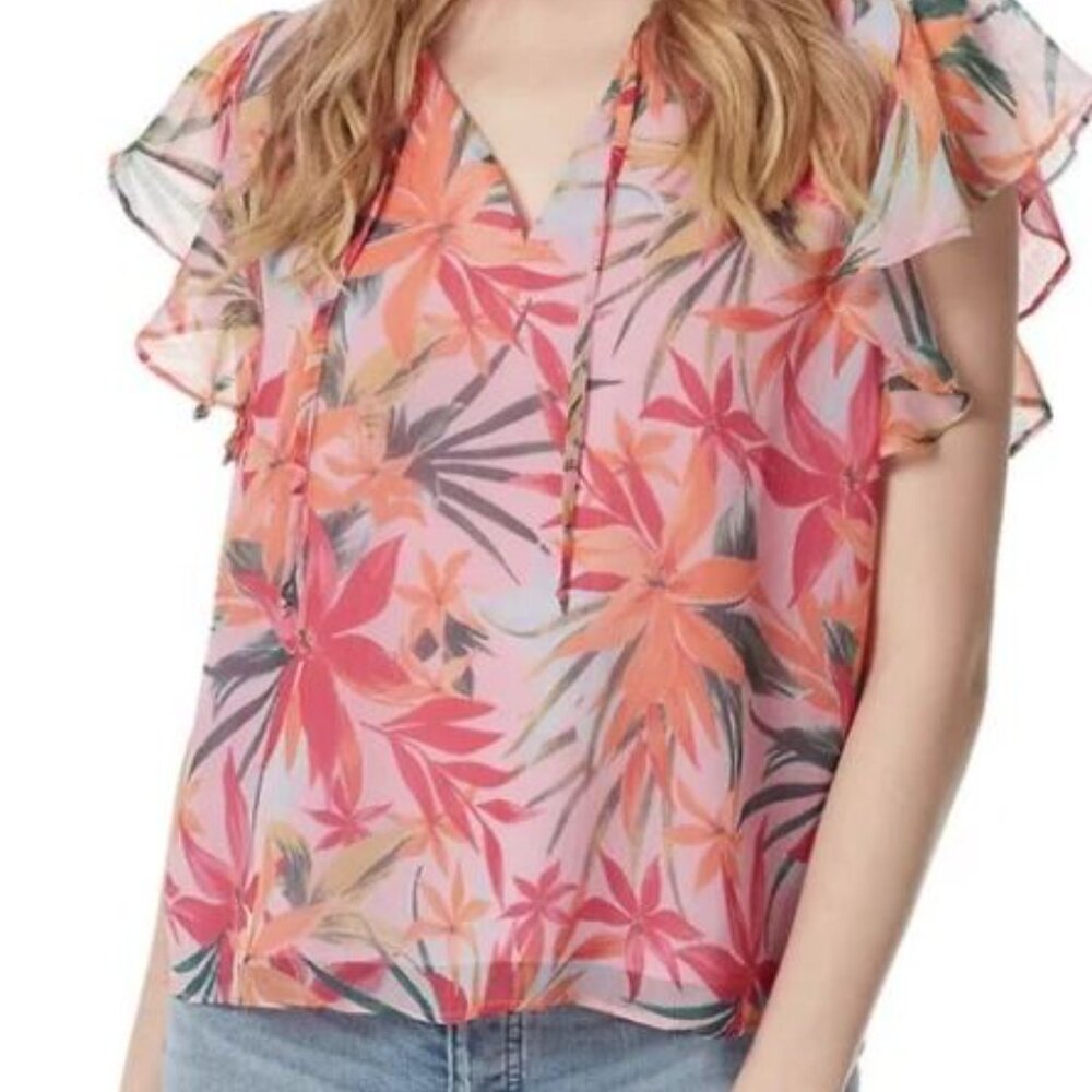 Jessica Simpson Pink and Orange Floral sheer ruffle cap sleeve Blouse